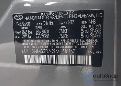 2021 Hyundai Santa Fe Sel z USA, uszkodzony, nr VIN 5NMS3DAJ9MH318767
